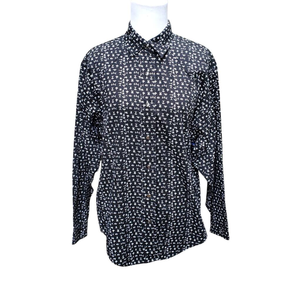 Barn Fly Cowboy Black White Hieroglyphic Tribal AOP Western Pearl Snap Top Sz S